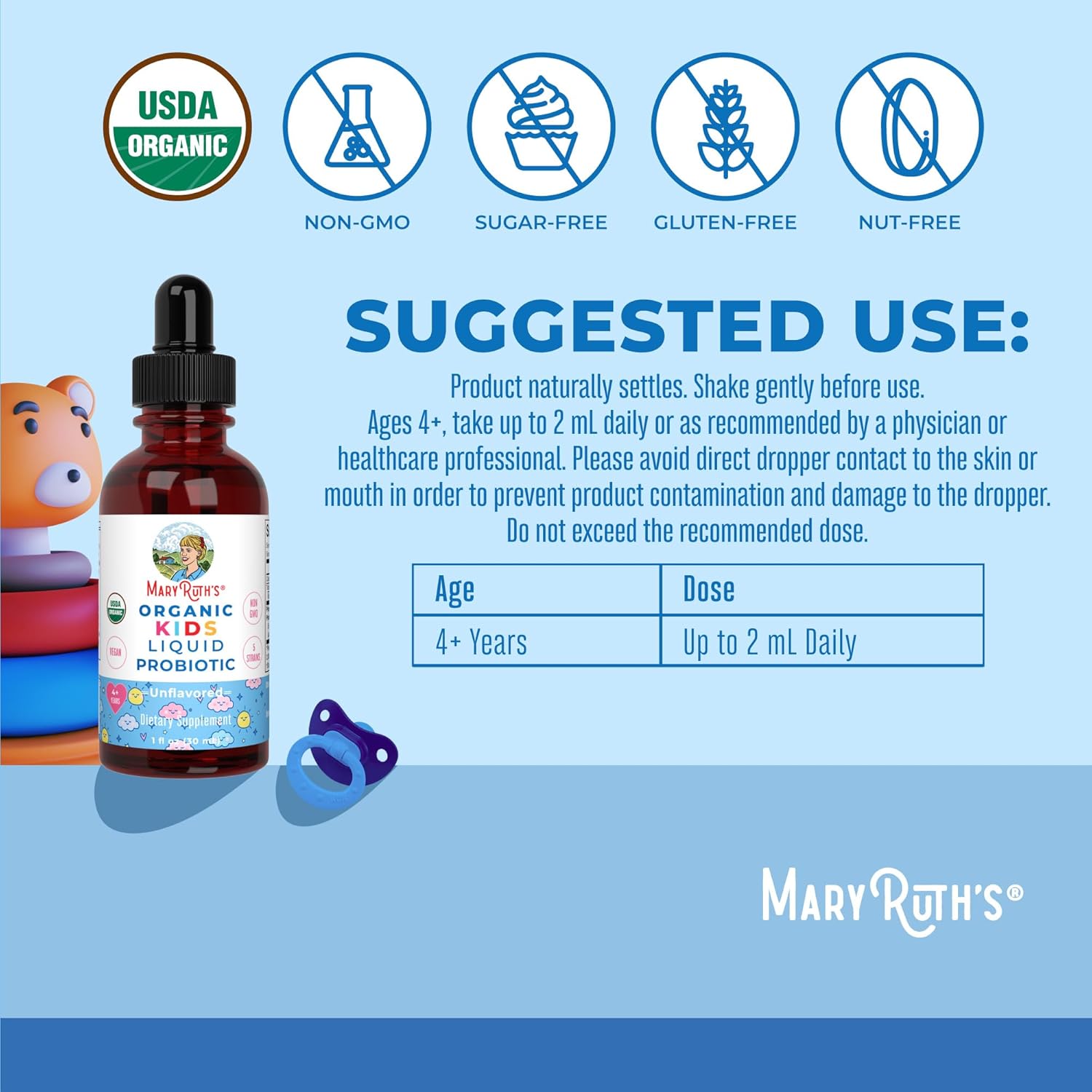 MARYRUTH'S Organics Children's Probiotic Liquid Drops - USDA Organic Probiotic for Digestive Health & Immune Support - Ages 4+ - Vegan, Non-GMO - 30 ml - görsel 3