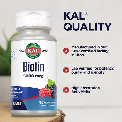 KAL 5000 mcg Biotin Tablets, Mixed Berry, 100 Tablets
