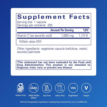 Pure Encapsulations Ascorbic Acid Capsules - 1000 mg Vitamin C - 250 Capsules