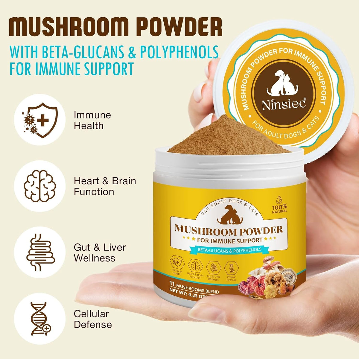 Organic Mushroom Supplement Powder for Dogs & Cats – 11 Mushroom Complex with Turkey Tail, Reishi & Cordyceps, Supports Lipoma, Lumps & Bumps Relief, Immune & Skin Health, 120g - görsel 3
