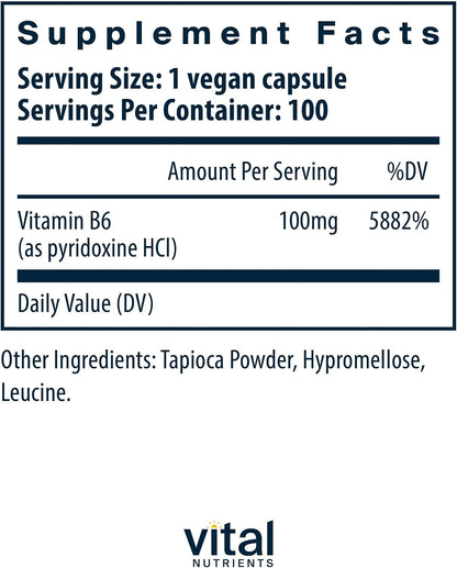 Vital Nutrients Vitamin B6 – 100 mg Pyridoxine HCl, 100 Capsules