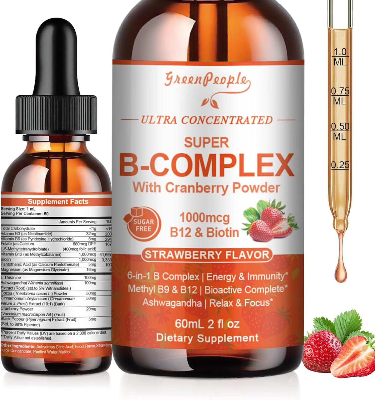 GREENPEOPLE Vitamin Methylated B Complex – Methyl B12 + L-Methyl Folate – Energy, Immunity & Cognitive Support – with Magnesium, Ashwagandha & L-Theanine – Vegan Liquid, 60 ml - görsel 1