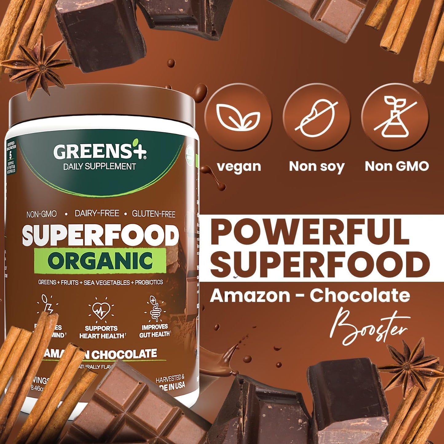 Greens+ Plus Organic Superfood Amazon Chocolate, Boost Energy, Essential Blend of Raw Foods, Non GM, Gluten-free, Organic and Vegan Powder, 240g - görsel 2