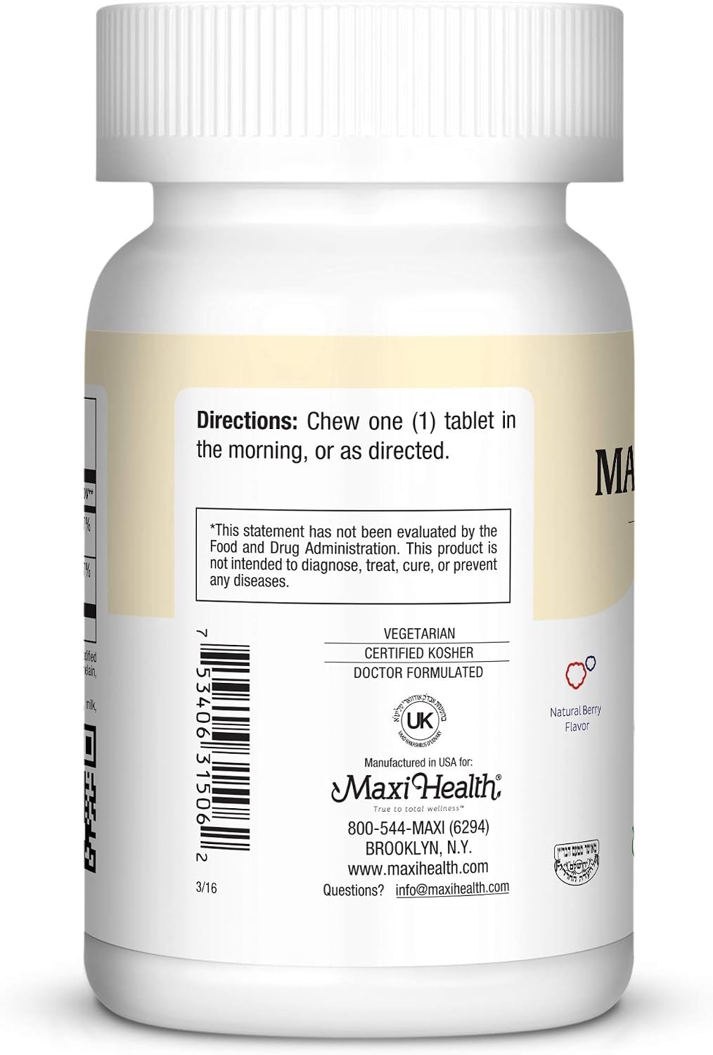Maxi Health Chewable Vitamin B12 5000 mcg Tablets – B12 Chewables for Adults, Dual Form Methylcobalamin & Cyanocobalamin – Dissolvable B12 Tablets – Energy, Brain & Nerve Support – Kosher – 60 Count - görsel 3