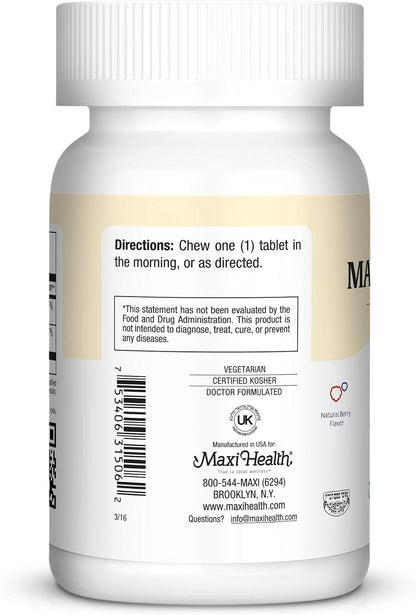 Maxi Health Chewable Vitamin B12 5000 mcg Tablets – B12 Chewables for Adults, Dual Form Methylcobalamin & Cyanocobalamin – Dissolvable B12 Tablets – Energy, Brain & Nerve Support – Kosher – 60 Count