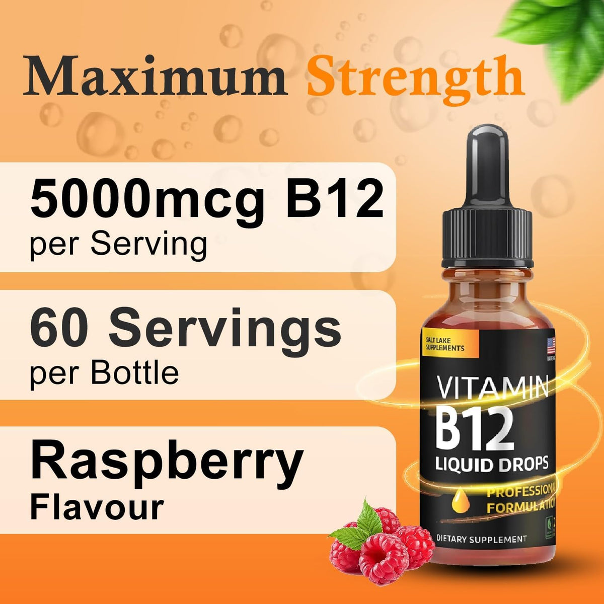Vitamin B12 Liquid Drops, 5000 µg Methylcobalamin with B2, B3, B6 - Vegan Sublingual B Complex, Raspberry Flavour, 60 ml - görsel 4