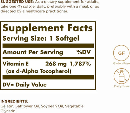 Solgar Vitamin E 400 IU (268 mg) – 100 Softgels – d-Alpha Tocopherol