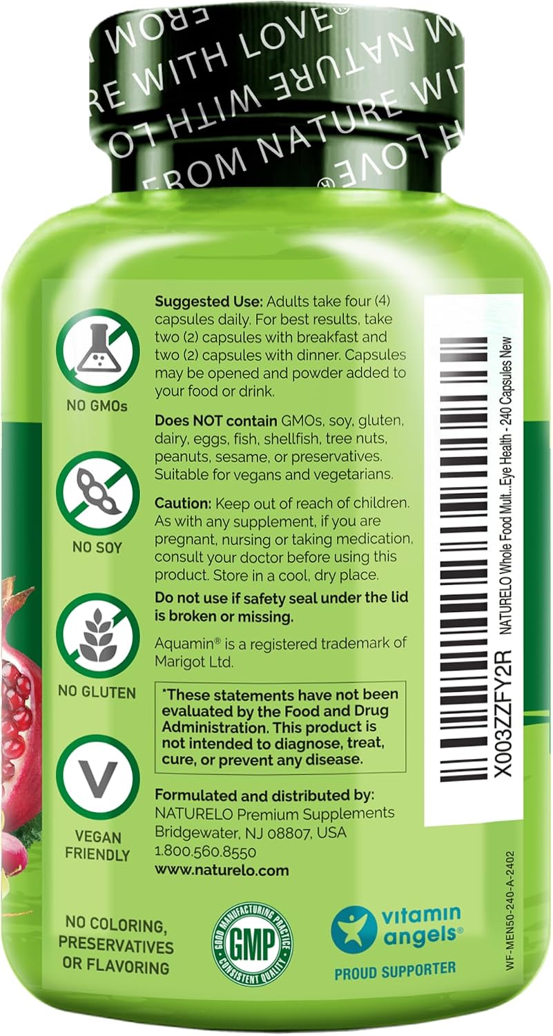 NATURELO Whole Food Multivitamin for Men 50+ - with Vitamins, Minerals, Organic Herbal Extracts - Vegan Vegetarian - for Energy, Brain, Heart and Eye Health - 240 Capsules - görsel 6