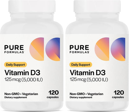 PureFormulas Vitamin D3 5,000 IU 125 mcg - Pure Vitamin D Supplement for Healthy Bone Formation, Teeth, Cardiovascular Health, and Immune Support Non-GMO - 120 Vegetarian Capsules
