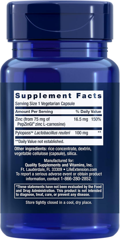 Life Extension Gastro-Ease, Zinc L-Carnosine & Pylopass Probiotic, 60 Capsules