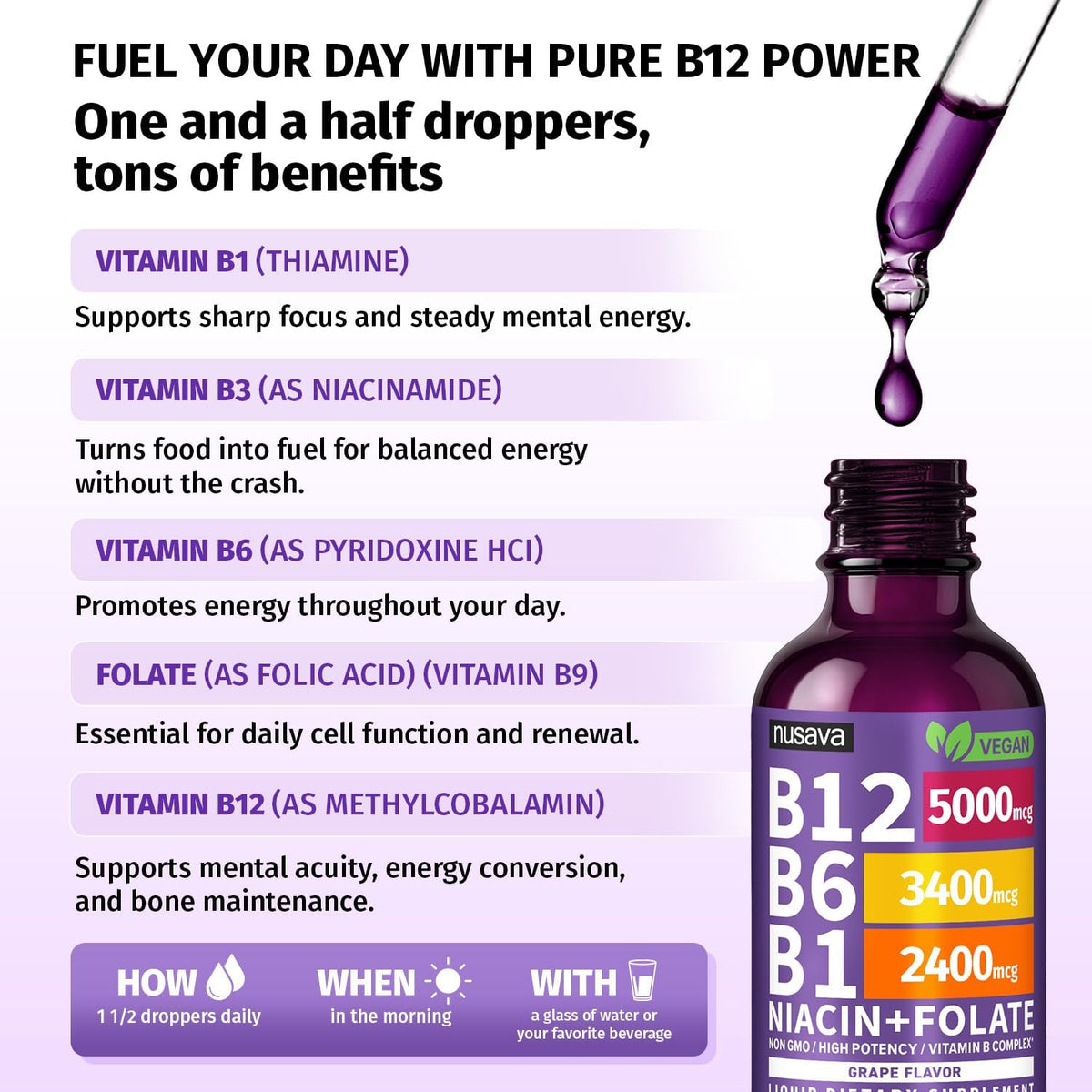 NUSAVA Vitamin B12 Liquid Drops 5000mcg with B6 & B1 - Sublingual Methylcobalamin B Complex, Vegan, Non-GMO, Grape Flavour (2 Pack) - görsel 3