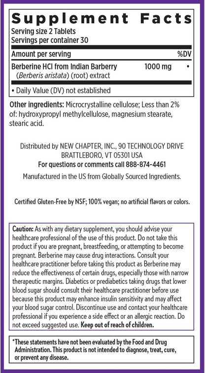 New Chapter Berberine Supplement - Super-Potent Berberine 1000 mg, 30x Concentrated Indian Barberry Extract to Support Metabolic Health + Heart Health + Glucose Support, Vegan, Gluten-free, 60 Count