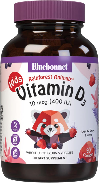 Bluebonnet Nutrition Rainforest Animalz Vitamin D3 400 IU Chewable Tablets, Mixed Berry Flavour, 90 Chewables