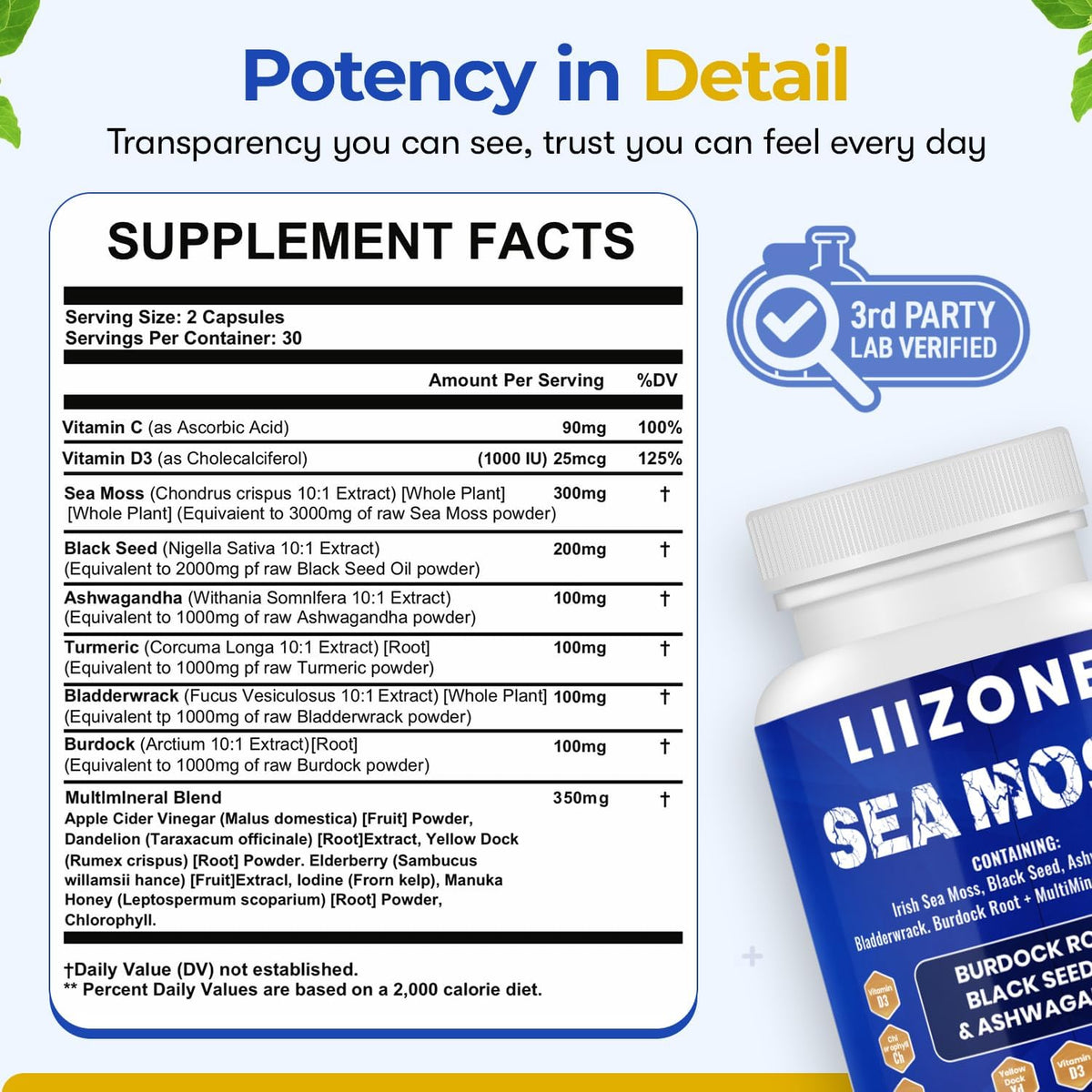 LIIZONE Complex Sea Moss Capsules with Ashwagandha, Turmeric & Vitamin C, 60 Capsules - görsel 5