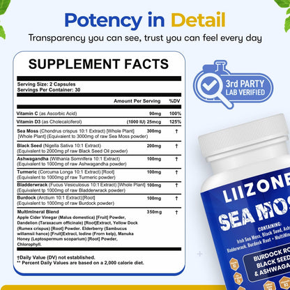 LIIZONE Complex Sea Moss Capsules with Ashwagandha, Turmeric & Vitamin C, 60 Capsules