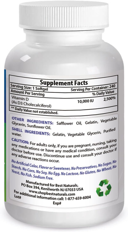 Best Naturals Vitamin D3 10,000 IU Softgels, 240 Count