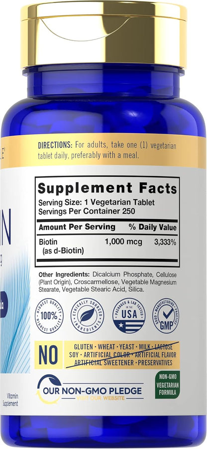 Carlyle Biotin 1000mcg | 250 Vegetarian Tablets | Beauty Formula Supplement | Non-GMO, Gluten-free