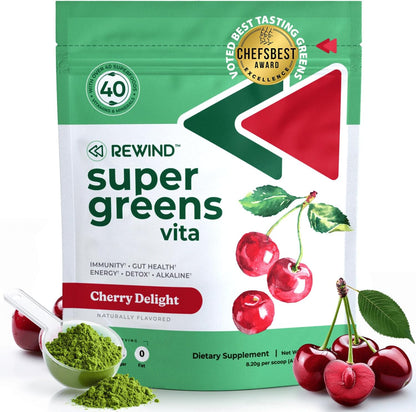Rewind Best Tasting Super Greens Powder with 40+ Superfoods – Delicious Daily Green Powder with Vitamin B12, Zinc, Vitamin C, Magnesium & Calcium – Green Juice Superfood Mix - Cherry Flavour