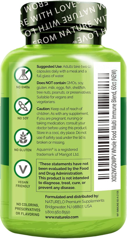 NATURELO Whole Food Multivitamin + Immune Blend with Elderberry & Mushrooms - Complete Multivitamin with Extra Immune Support - 60 Vegan Capsules