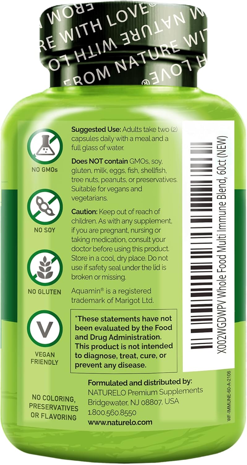 NATURELO Whole Food Multivitamin + Immune Blend with Elderberry & Mushrooms - Complete Multivitamin with Extra Immune Support - Vitamin C, D3, Zinc, Elderberry, Reishi, Shiitake, 60 Vegan Capsules (Pack of 2) - görsel 7
