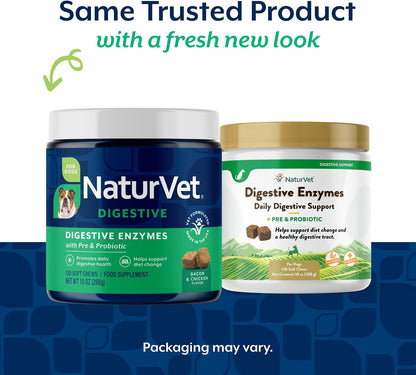 NaturVet Digestive Enzymes Plus Probiotics & Prebiotics – Soft Chews for Dogs & Cats (120 Count)