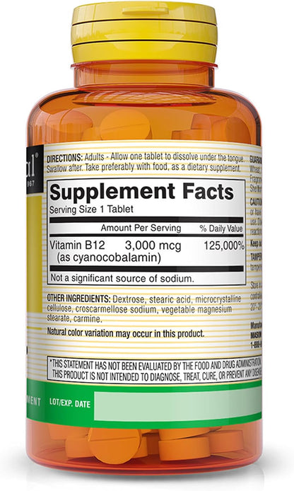 MASON NATURAL Vitamin B12 3,000 mcg Quick Dissolve Tablets, Raspberry Flavour