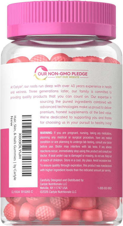 Carlyle Hair, Skin and Nails Gummies with Biotin 2500mcg, Vitamin C & E - Raspberry Flavour, 75 Count