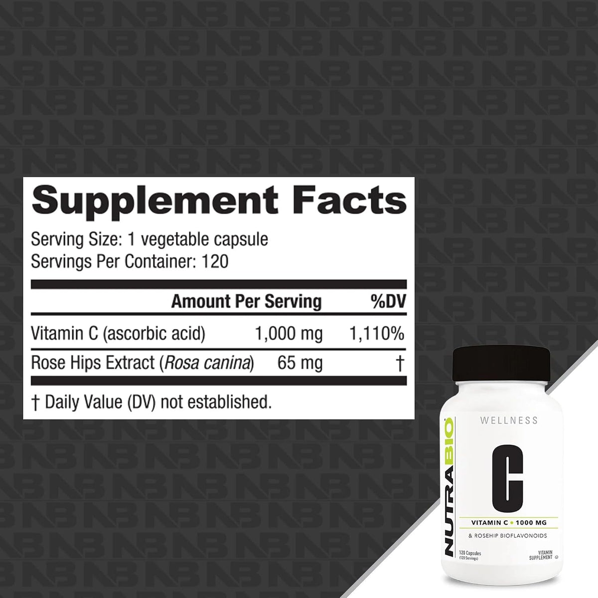 NutraBio Vitamin C with Rose Hips – High Potency 1000mg – 120 Capsules - görsel 3