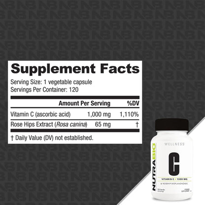 NutraBio Vitamin C with Rose Hips – High Potency 1000mg – 120 Capsules