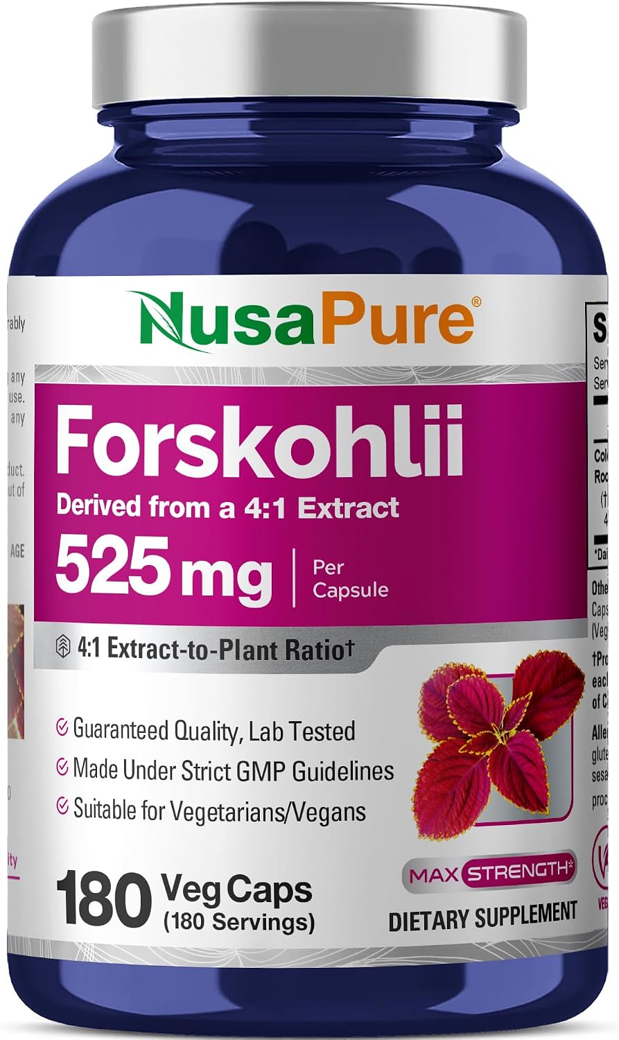 NusaPure Forskohlii Capsules, 525 mg, 180 Vegan Capsules (Non-GM, Vegan) - görsel 1