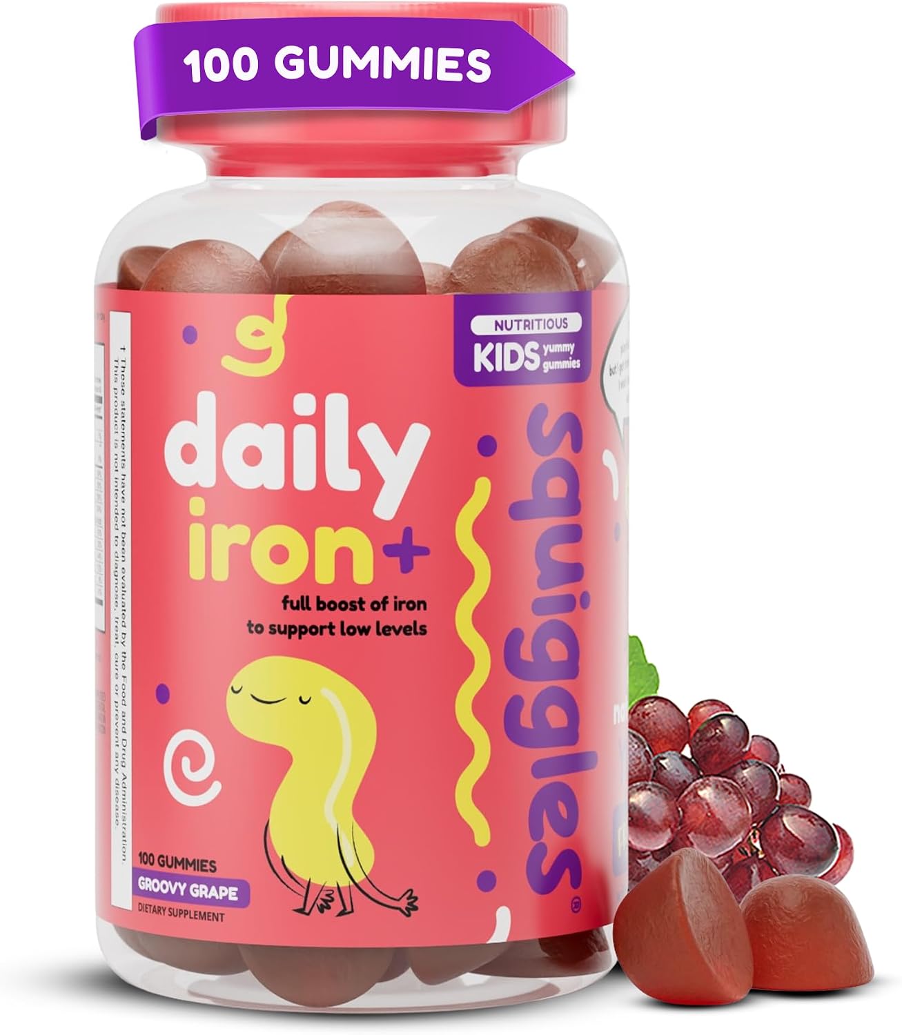 Squiggles Children's Daily Iron+ Gummies - Low Sugar, Vegan, Grape Flavour (100 Count) - görsel 1