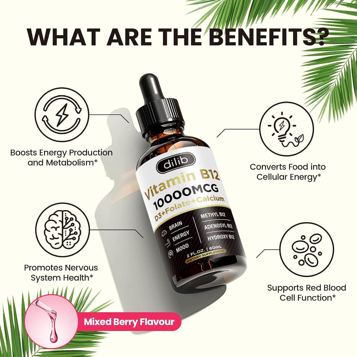 Vitamin B12 Complex 10000 mcg | Vegan Triple Liquid B-12 Drops | Methylcobalamin & Adenosylcobalamin & Hydroxo Blend for Energy and Metabolism | Berry Flavour - görsel 4