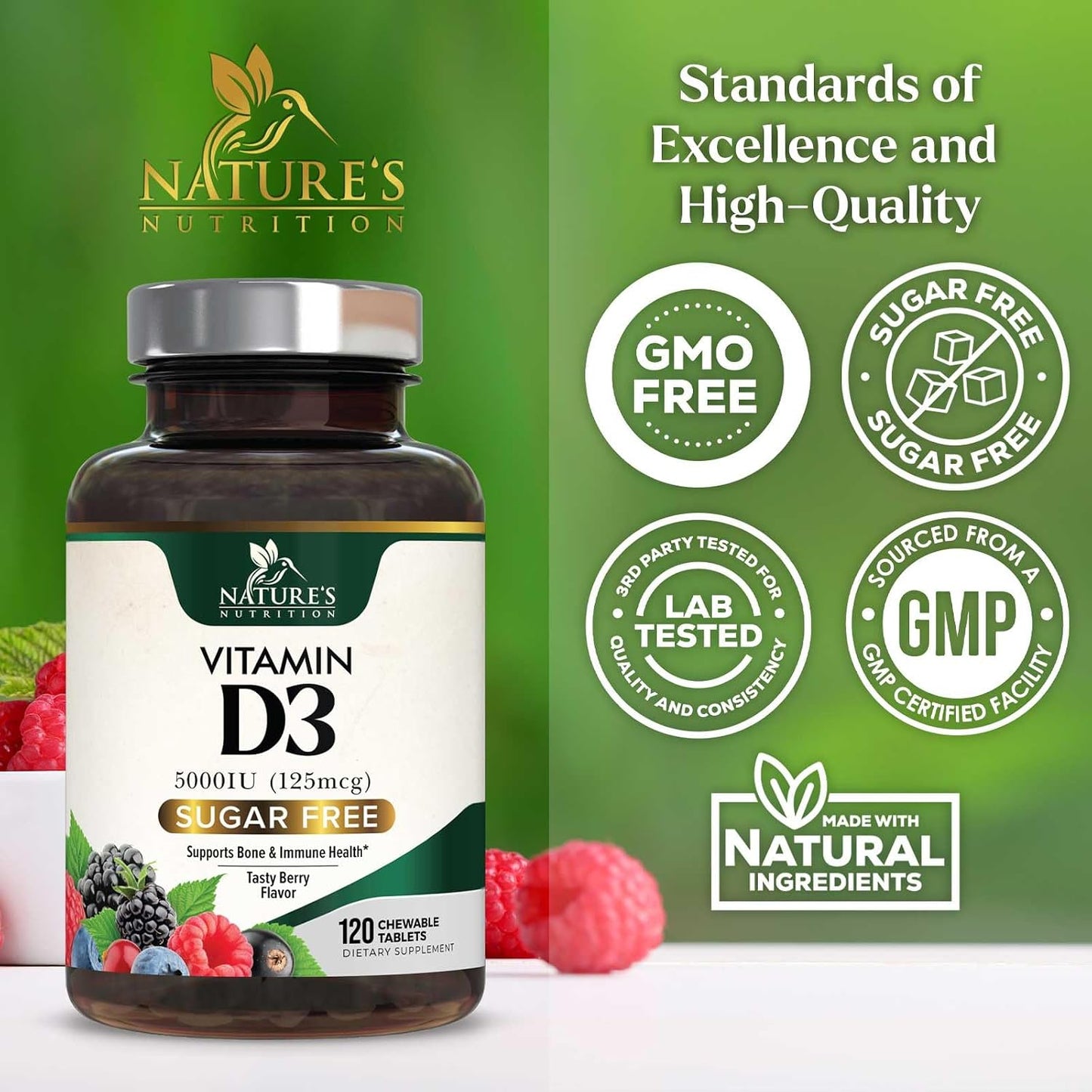 Nature's Nutrition Vitamin D3 5000 IU (125 mcg) Chewable Tablets – Extra Strength for Immune, Bone & Muscle Support – Sugar-Free, Gluten-free – 120 Count - görsel 4