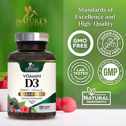 Nature's Nutrition Vitamin D3 5000 IU (125 mcg) Chewable Tablets – Extra Strength for Immune, Bone & Muscle Support – Sugar-Free, Gluten-free – 120 Count