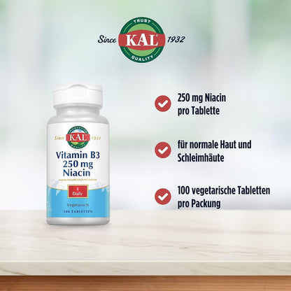 Kal 250 mg Niacin Tablets, 100 Tablets