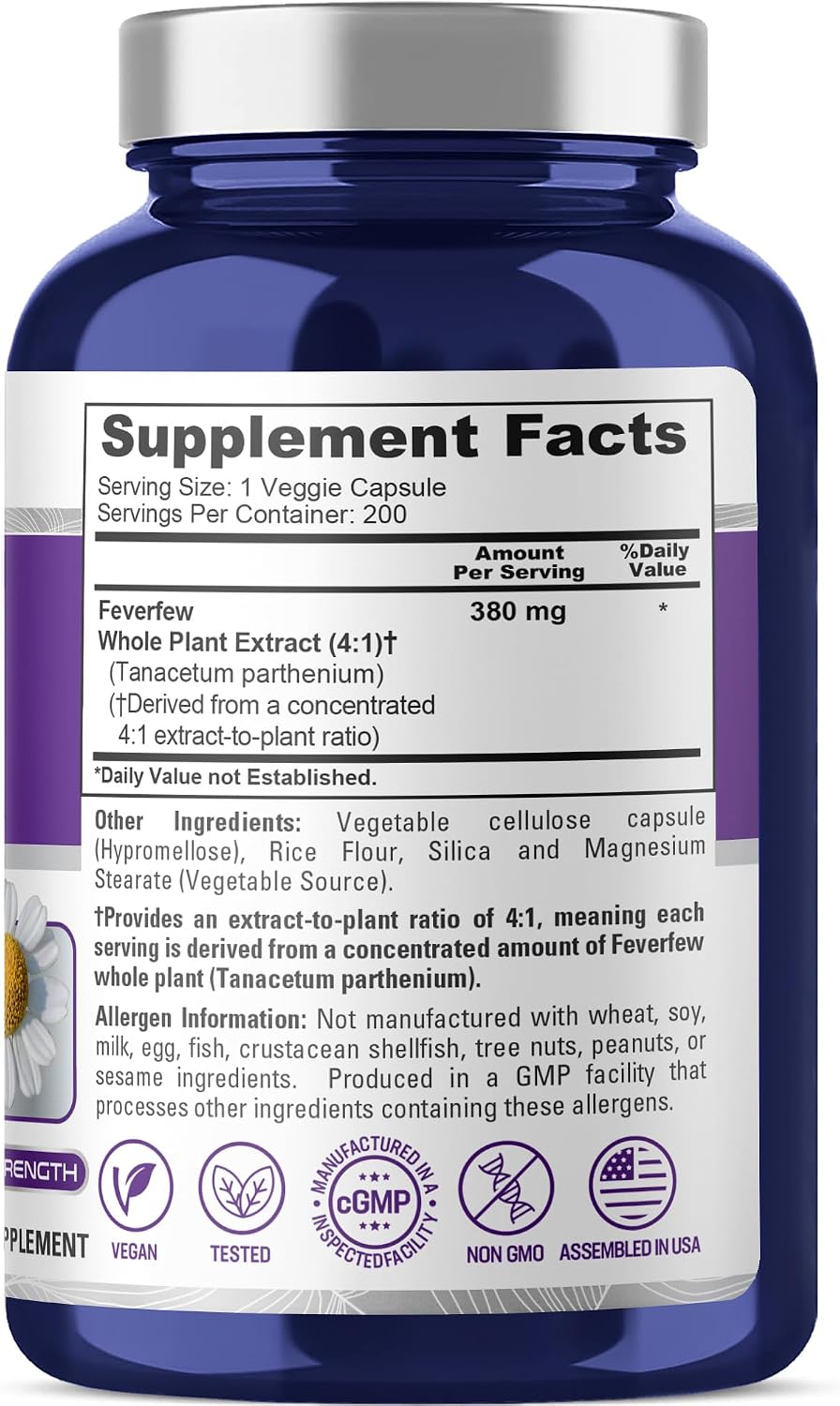 NusaPure Feverfew Capsules, 380 mg, 200 Veg Capsules (Non-GMO, Gluten-Free) - görsel 2