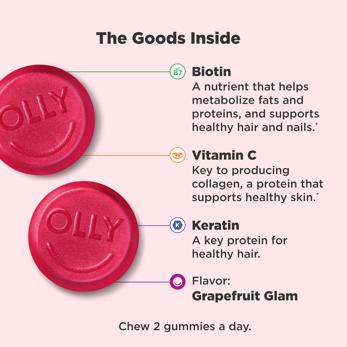 OLLY Undeniable Beauty Gummy – Biotin, Vitamin C & Keratin for Hair, Skin & Nails, Grapefruit, 60 Gummies - görsel 3