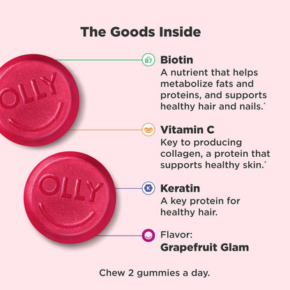 OLLY Undeniable Beauty Gummy – Biotin, Vitamin C & Keratin for Hair, Skin & Nails, Grapefruit, 60 Gummies