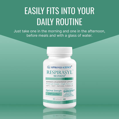 Approved Science® Respirasyl – Lung and Respiratory Support with Quercefit®, Vitamins A, C, D, BioPerine® – 6 Month Supply