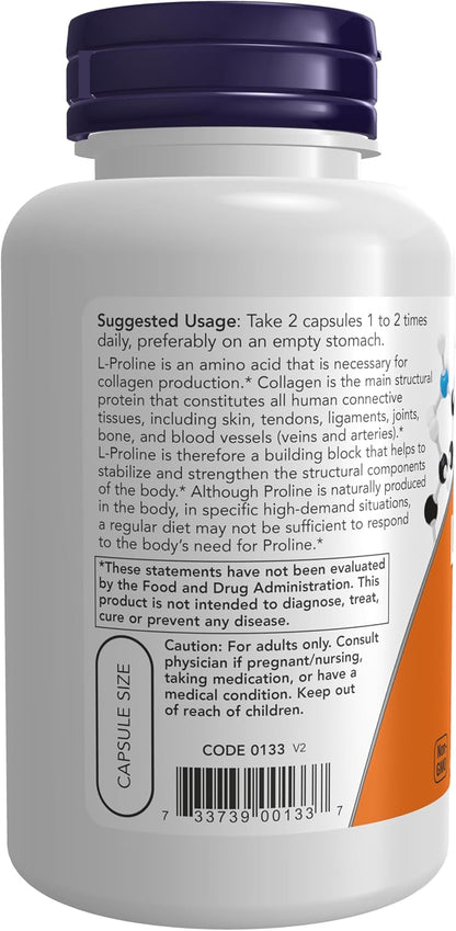 NOW L-Proline 500 mg – Collagen & Structural Support, 120 Veg Capsules