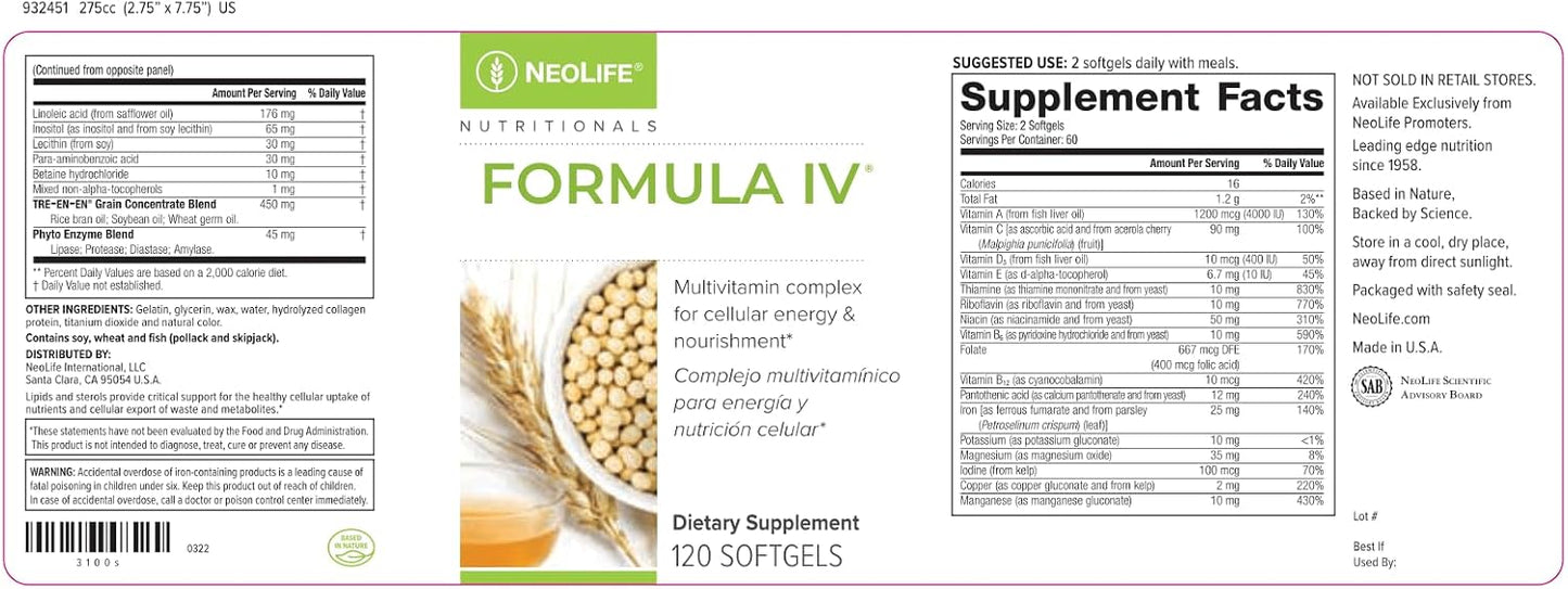 NeoLife Formula IV Soft gel capsule - Multivitamin & Multi-Mineral with TRE-EN-EN Grain Blend and Phyto Enzyme Blend - 120 Soft gel capsules - görsel 4