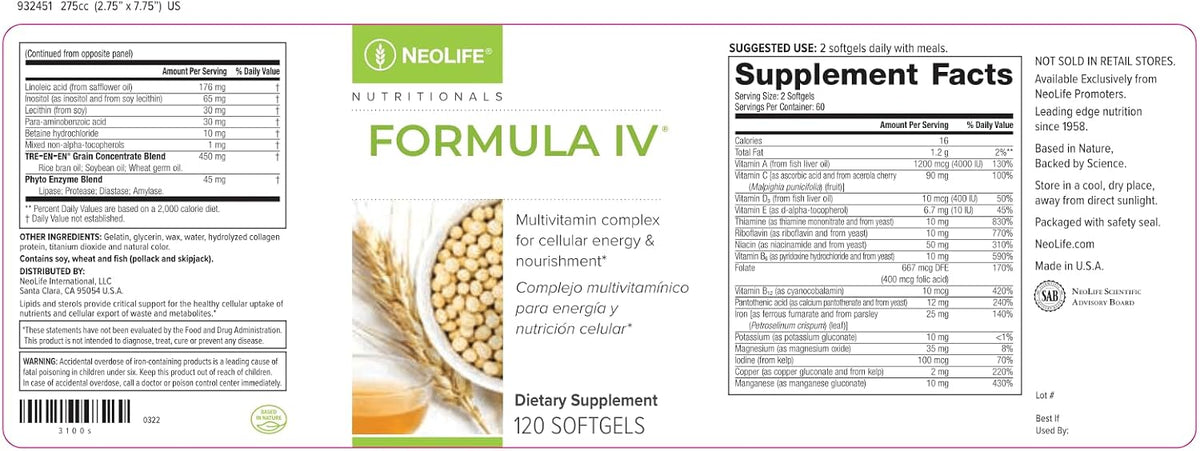 NeoLife Formula IV Soft gel capsule - Multivitamin & Multi-Mineral with TRE-EN-EN Grain Blend and Phyto Enzyme Blend - 120 Soft gel capsules - görsel 4
