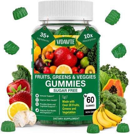VIDAVITE Sugar-free Super Greens Gummies — Made in USA, 35+ Fruit and Veggie Gummies to Support Immunity, Skin & Gut Health — Ideal Fruits and Vegetables Supplement for Adults & Picky Teens (30-Day Supply)