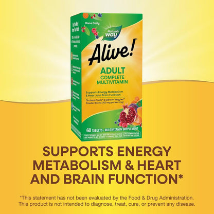 Nature's Way Alive! Adult Complete Multivitamin, B-Vitamins, 100mg Fruit & Veg Powder Blend, Gluten Free, 60 Tablets