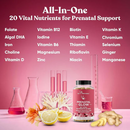 Eu Natural Glow Prenatal Vitamins for Women - 20-in-1 Prenatal Multivitamin with Folate & Vegan DHA - Supports Healthy Pregnancy, Foetal Development & Mum’s Comfort - 120 Vegetarian Capsules