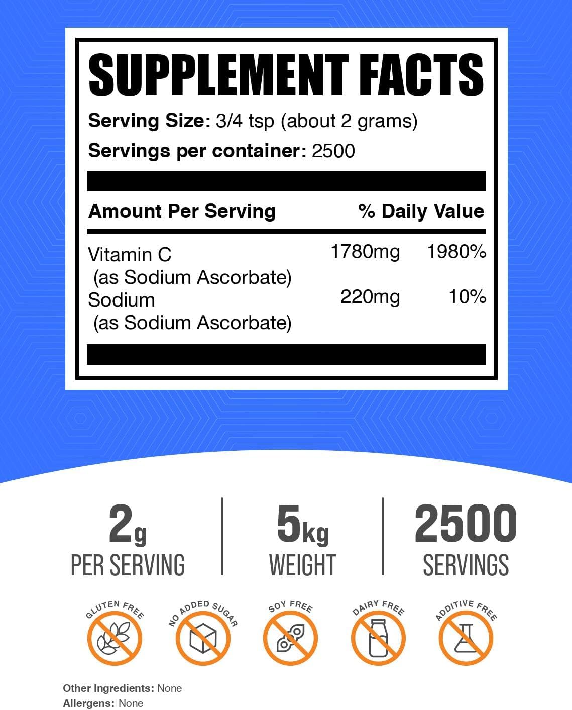 BulkSupplements Sodium Ascorbate Powder - Buffered Vitamin C, Immune Support, 2000mg per Serving, 5kg (Pack of 5) - görsel 2