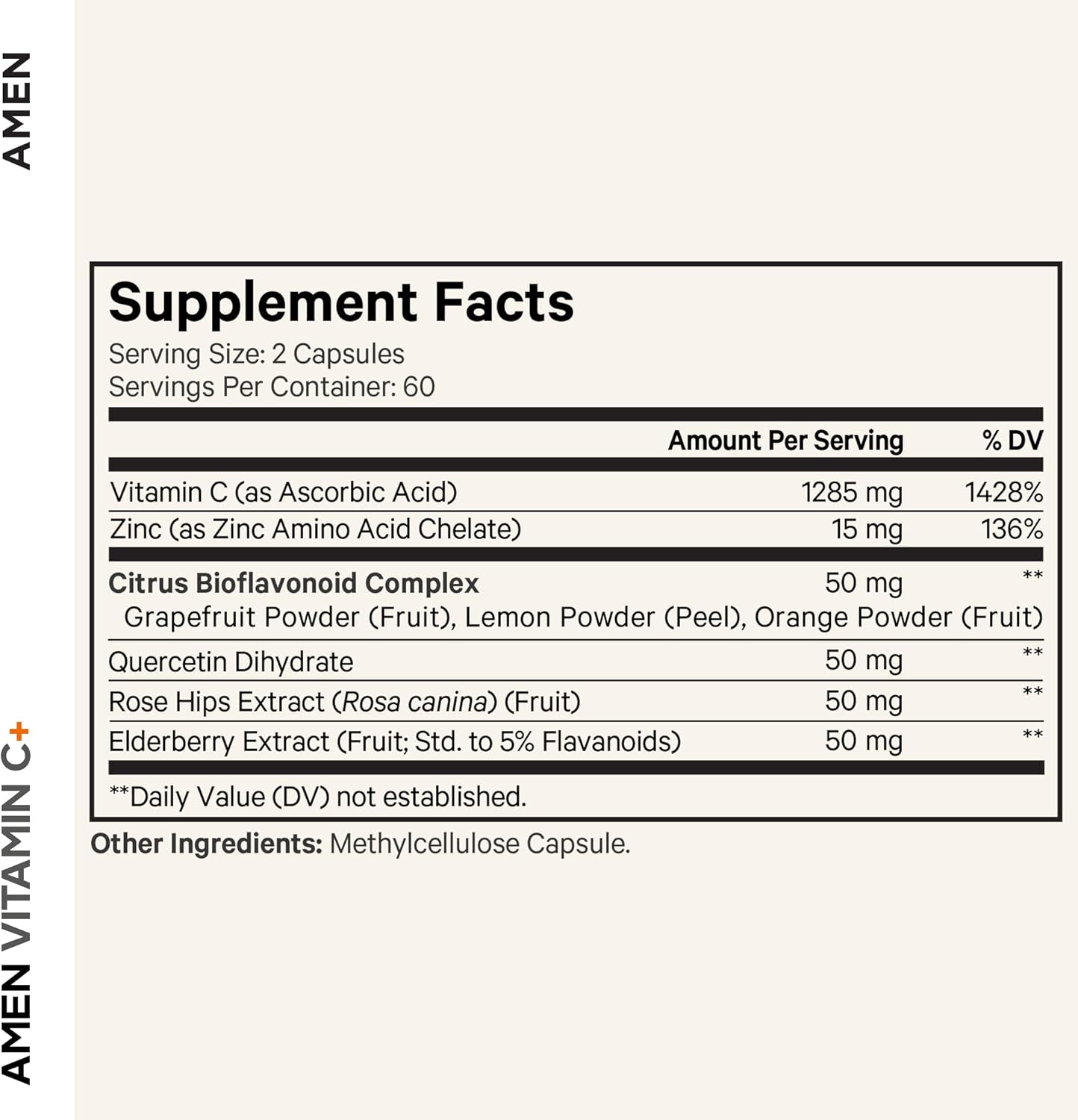 Amen Vitamin C+ Supplement with Zinc, Bioflavonoids, Quercetin, Rose Hips, Elderberry – Vegan, Non-GMO – 2-Month Supply (120 Capsules) - görsel 2