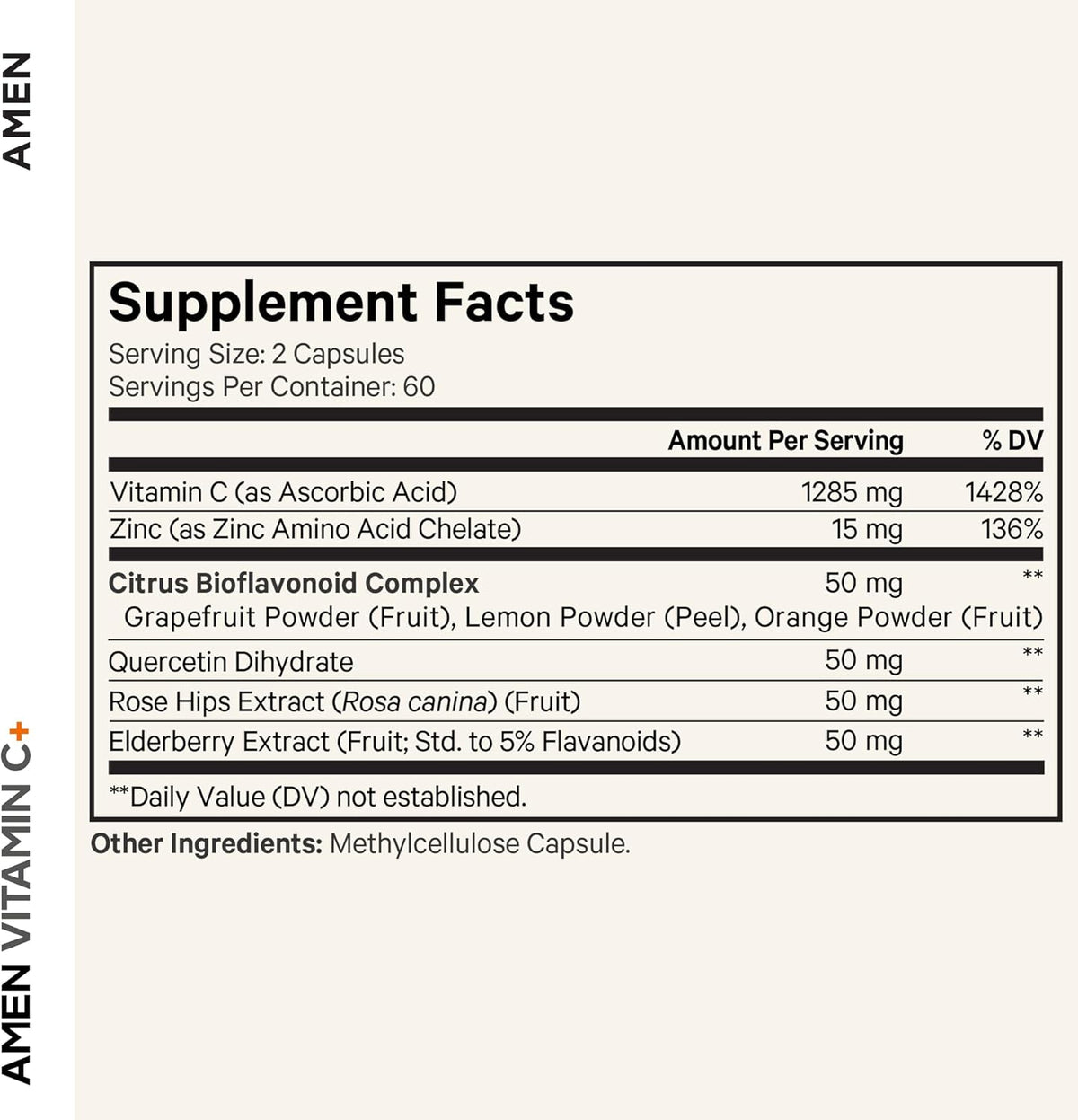 Amen Vitamin C+ Supplement with Zinc, Bioflavonoids, Quercetin, Rose Hips, Elderberry – Vegan, Non-GMO – 2-Month Supply (120 Capsules) - görsel 2