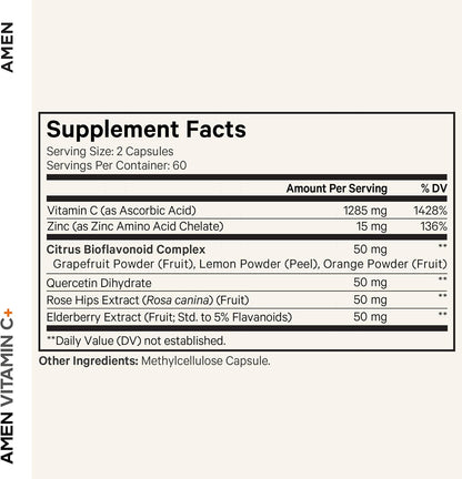 Amen Vitamin C+ Supplement with Zinc, Bioflavonoids, Quercetin, Rose Hips, Elderberry – Vegan, Non-GMO – 2-Month Supply (120 Capsules)