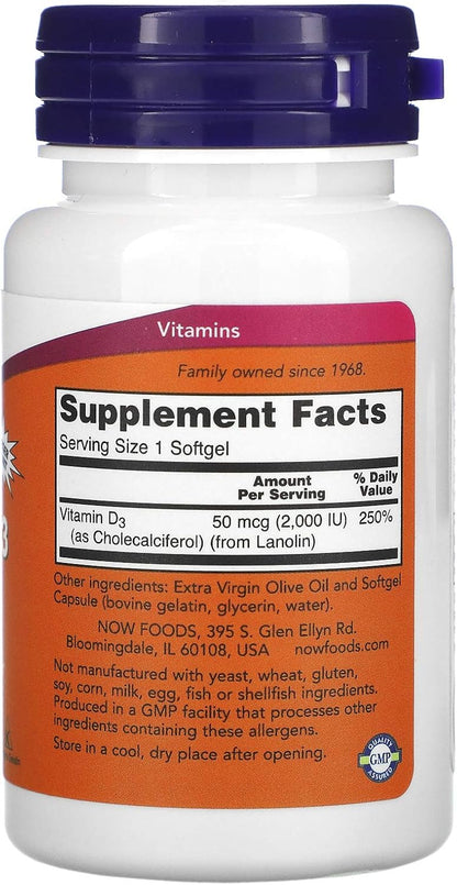 NOW Foods Vitamin D-3 50 mcg (2,000 IU) 240 Softgels (3 Pack)